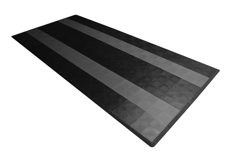 One car garage mat parking mat smooth black with gray stripes side view
