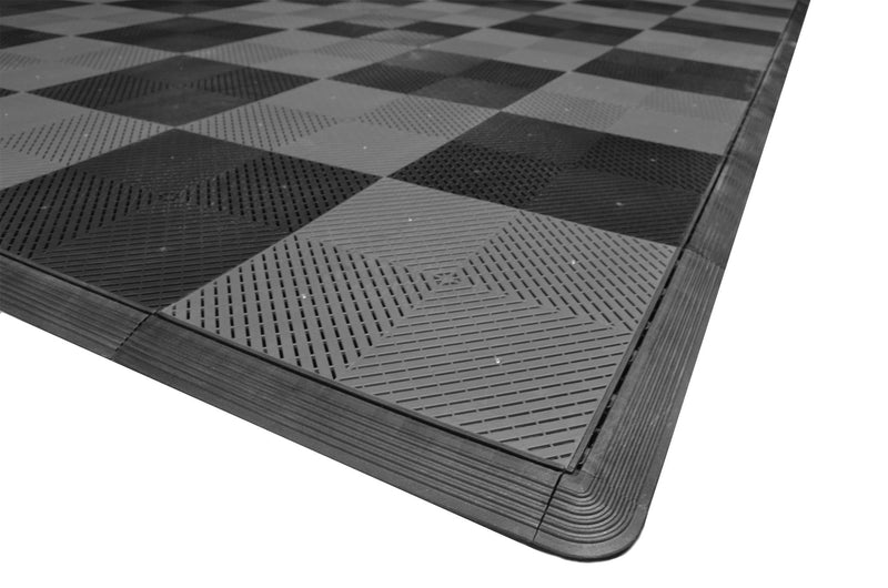One car garage mat parking mat smooth gray and black checkered closeup